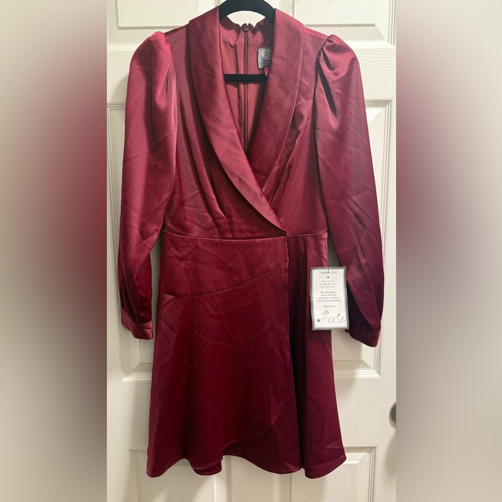 Vince Camuto - Burgundy Satin Shawl-Collar Fit & Flare Dress - Size 4 - NWOT - Picture 3 of 8
